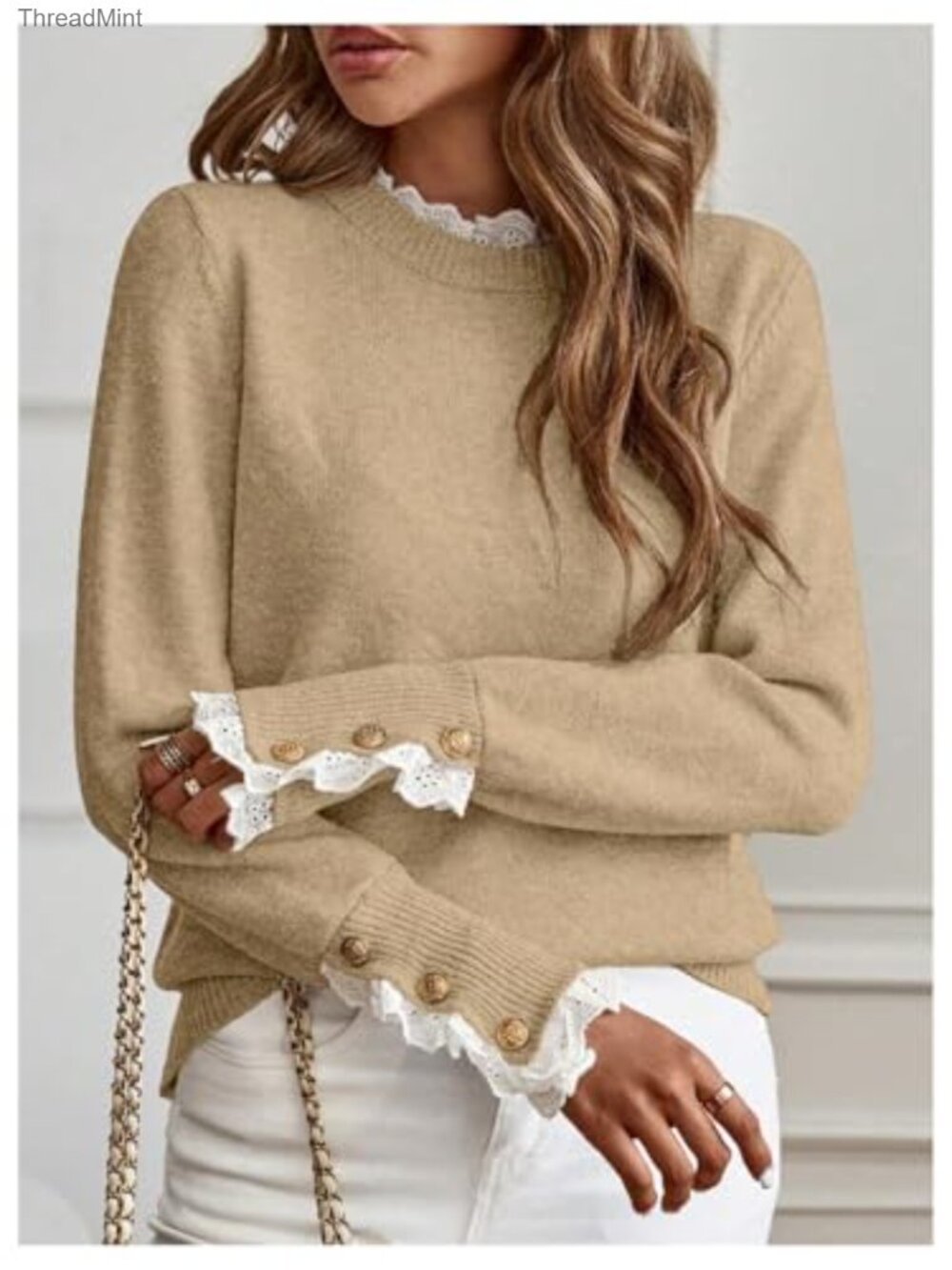 Mock Neck Peplum Lace Sweater Pullover Cozy Knit Tops - Picture 4 of 6